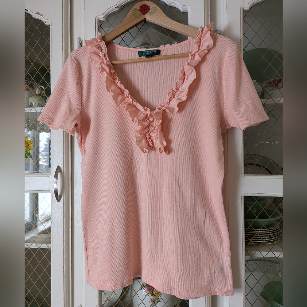 Lauren Ralph Lauren Light Pink Ruffle V-Neck Short Sleeve Cotton Top Free People